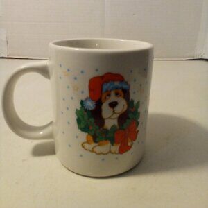Vintage 80s Mug Christmas Hound Dog Santa Hat Puppy Wreath Ceramic Holiday